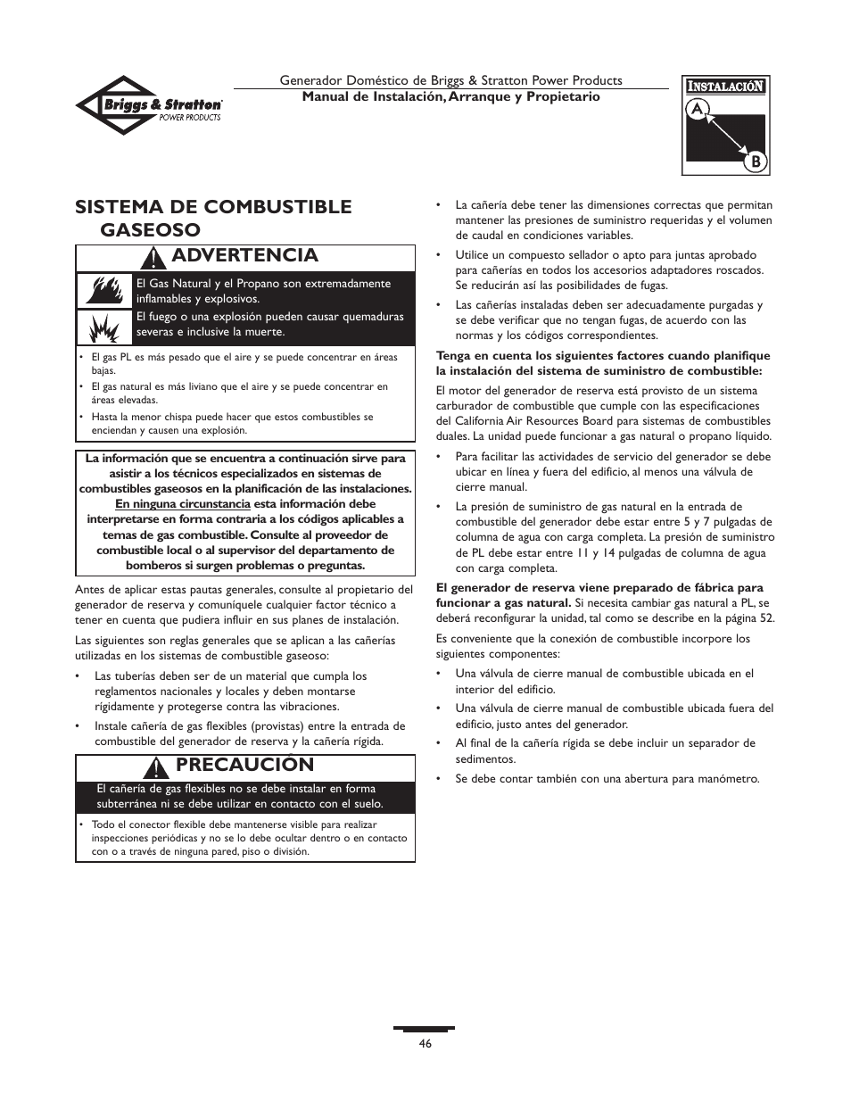 Sistema de combustible gaseoso, Precaución, Advertencia | Briggs & Stratton Generator User Manual | Page 46 / 84