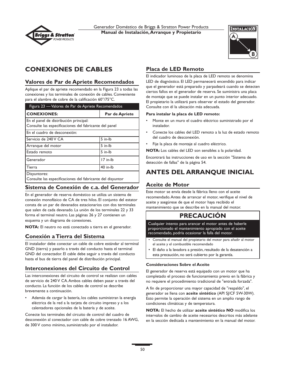 Conexiones de cables, Antes del arranque inicial, Precaución | Briggs & Stratton Generator User Manual | Page 50 / 84