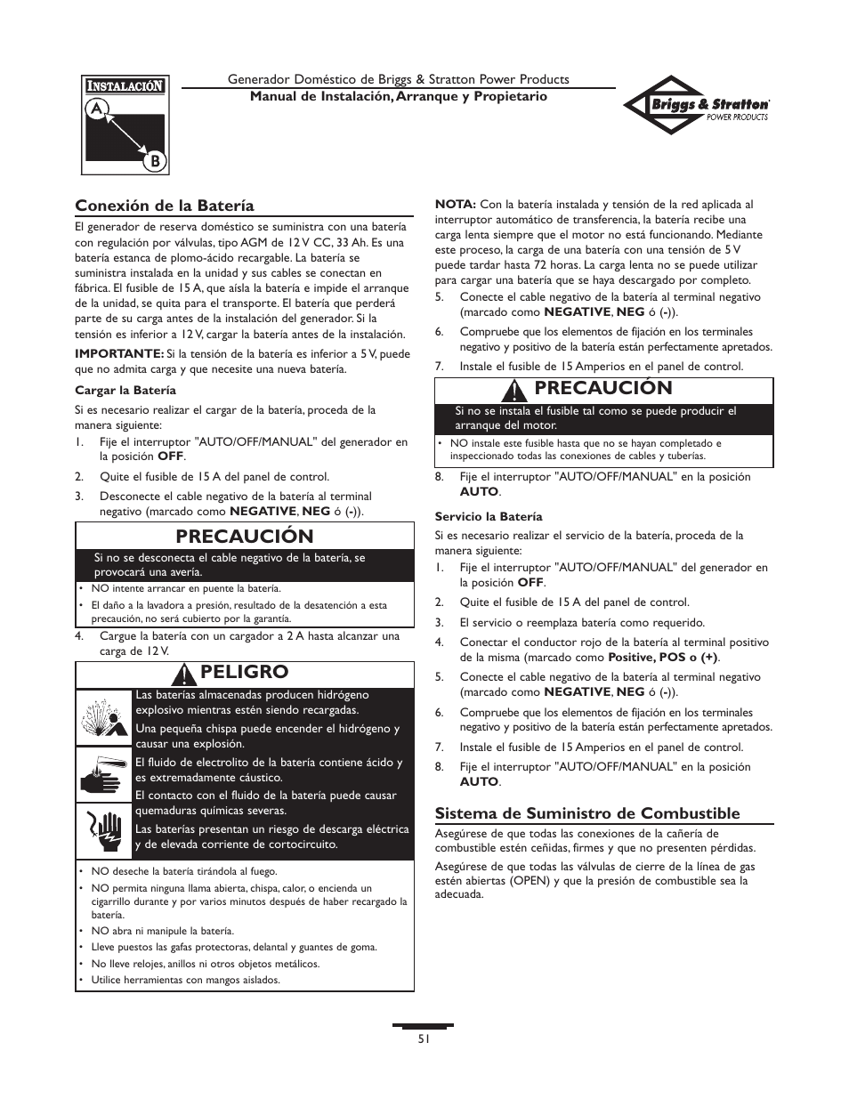 Peligro precaución, Precaución, Conexión de la batería | Sistema de suministro de combustible | Briggs & Stratton Generator User Manual | Page 51 / 84