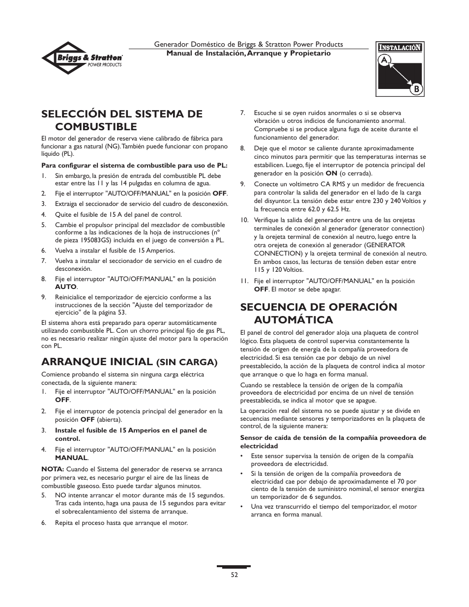 Selección del sistema de combustible, Arranque inicial, Secuencia de operación automática | Briggs & Stratton Generator User Manual | Page 52 / 84