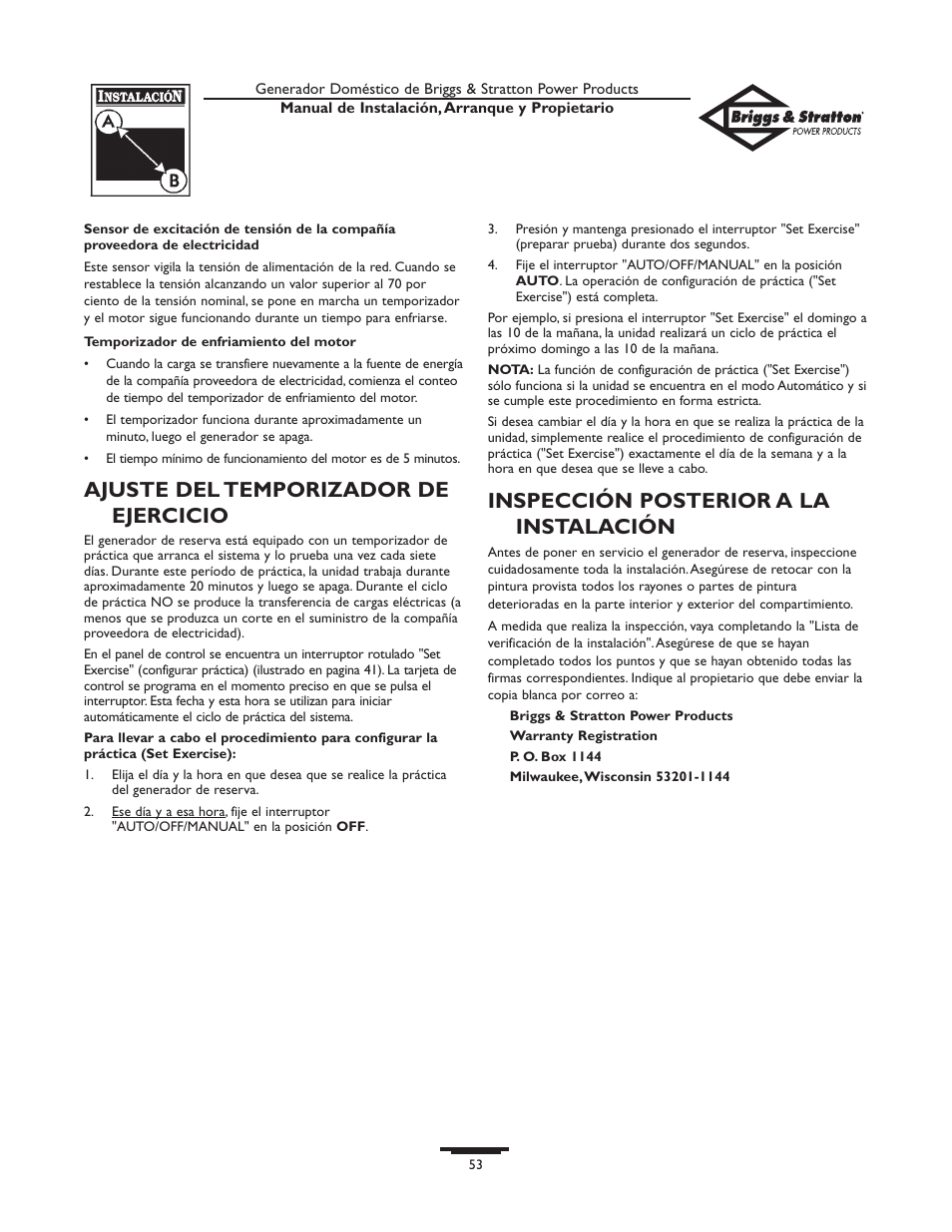 Ajuste del temporizador de ejercicio, Inspección posterior a la instalación | Briggs & Stratton Generator User Manual | Page 53 / 84