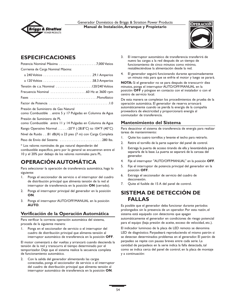 Especificaciones, Operación automática, Sistema de detección de fallas | Briggs & Stratton Generator User Manual | Page 54 / 84