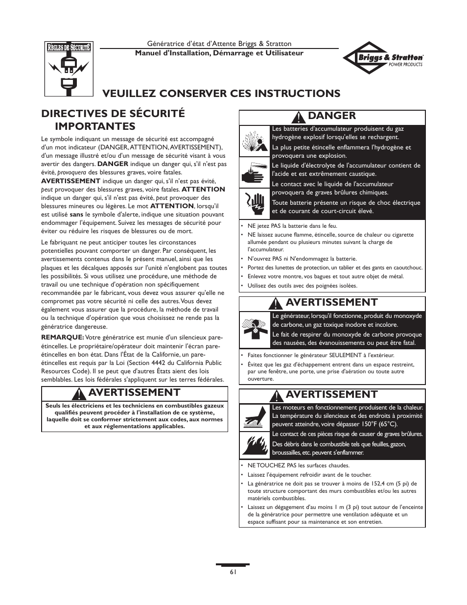 Directives de sécurité importantes, Avertissement, Avertissement veuillez conserver ces instructions | Danger | Briggs & Stratton Generator User Manual | Page 61 / 84