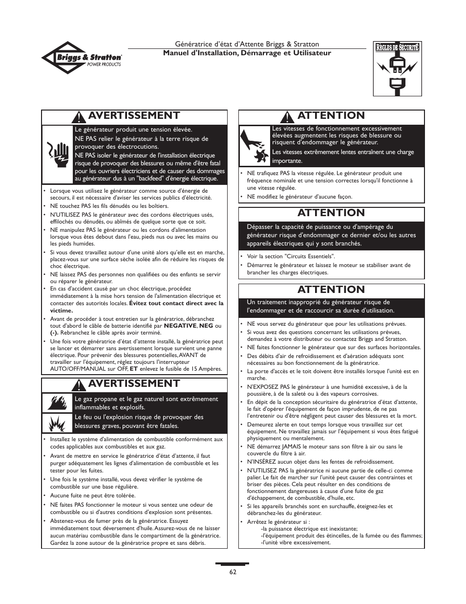 Avertissement, Attention | Briggs & Stratton Generator User Manual | Page 62 / 84