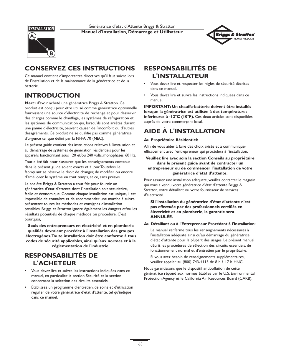 Conservez ces instructions, Introduction, Responsabilités de l'acheteur | Responsabilités de l'installateur, Aide à l'installation | Briggs & Stratton Generator User Manual | Page 63 / 84