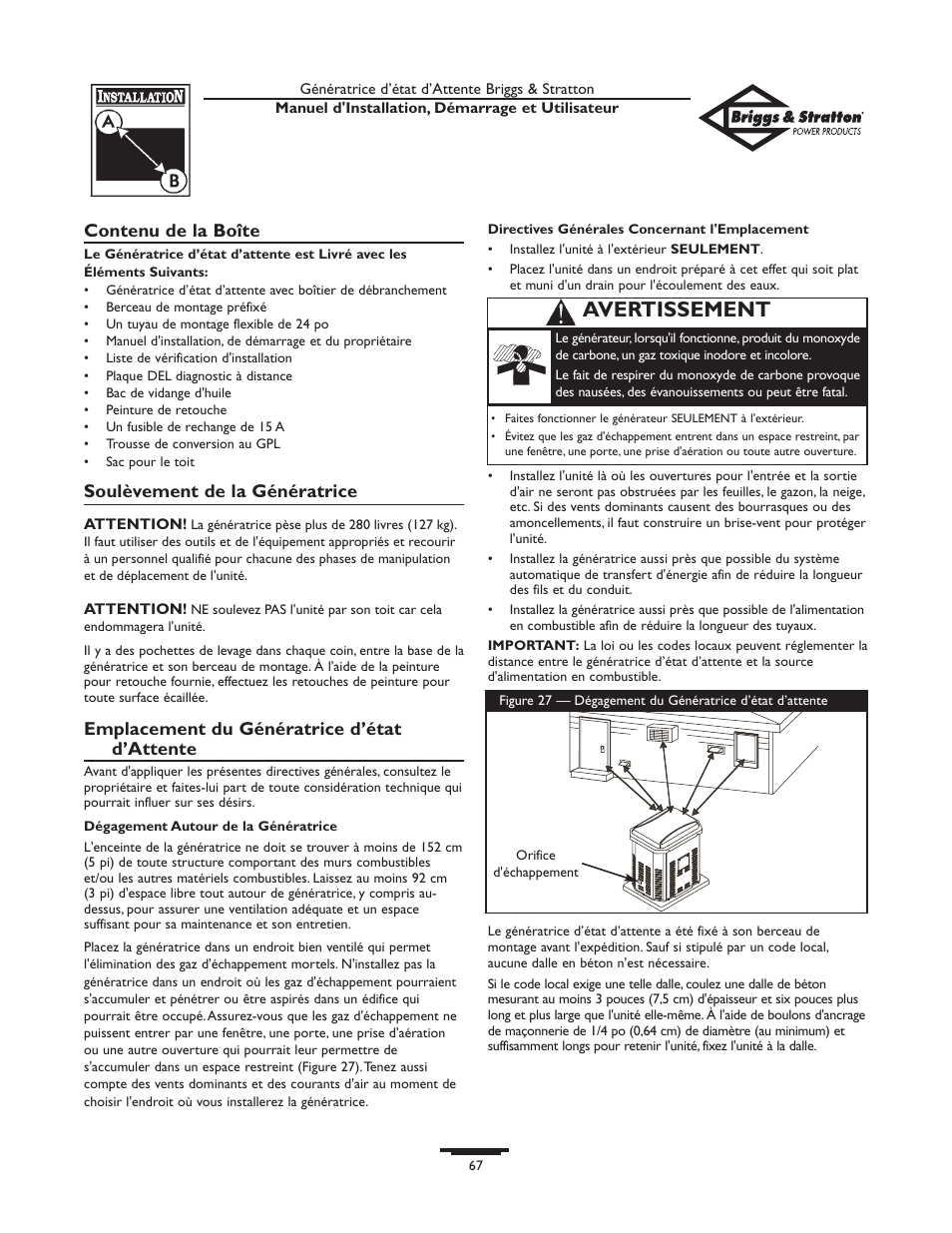 Avertissement, Contenu de la boîte, Soulèvement de la génératrice | Emplacement du génératrice d’état d’attente | Briggs & Stratton Generator User Manual | Page 67 / 84