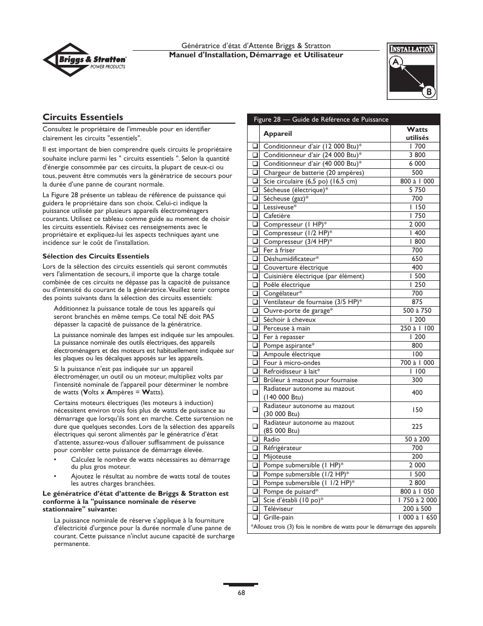 Circuits essentiels | Briggs & Stratton Generator User Manual | Page 68 / 84