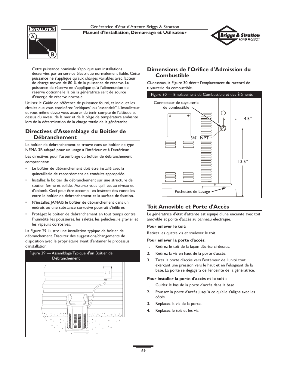 Dimensions de l'orifice d'admission du combustible, Toit amovible et porte d'accès | Briggs & Stratton Generator User Manual | Page 69 / 84