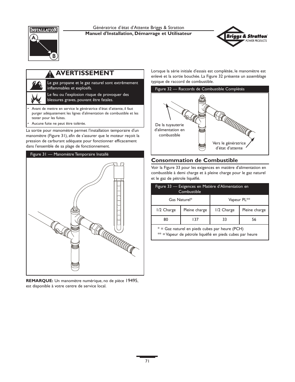 Avertissement, Consommation de combustible | Briggs & Stratton Generator User Manual | Page 71 / 84