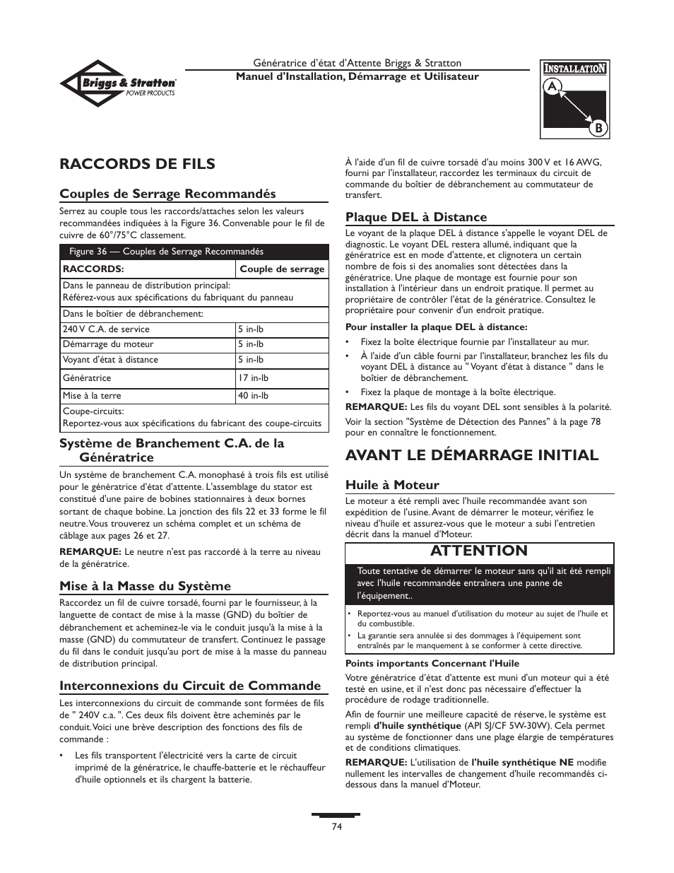 Raccords de fils, Avant le démarrage initial, Attention | Briggs & Stratton Generator User Manual | Page 74 / 84