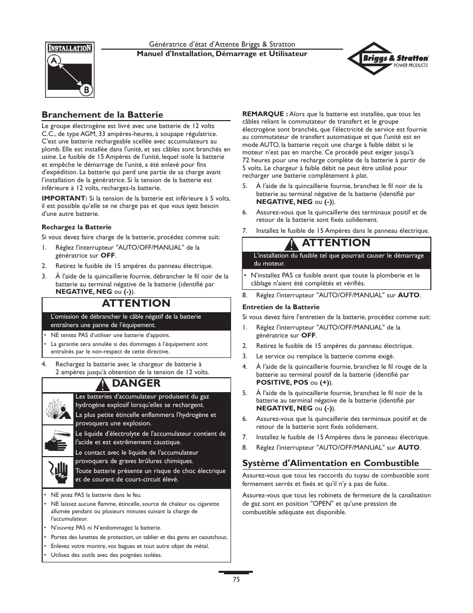 Danger, Attention, Branchement de la batterie | Système d'alimentation en combustible | Briggs & Stratton Generator User Manual | Page 75 / 84