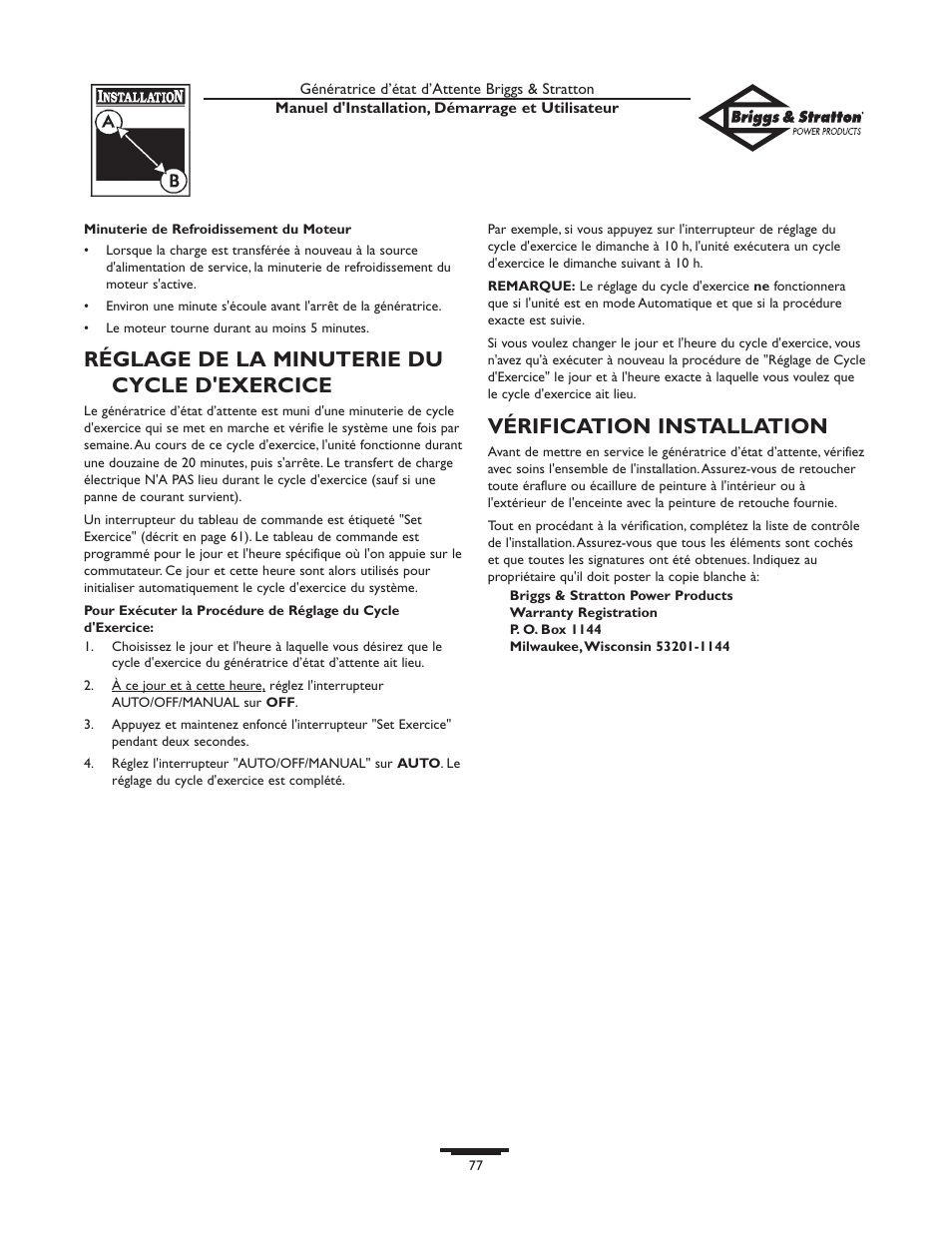 Réglage de la minuterie du cycle d'exercice, Vérification installation | Briggs & Stratton Generator User Manual | Page 77 / 84