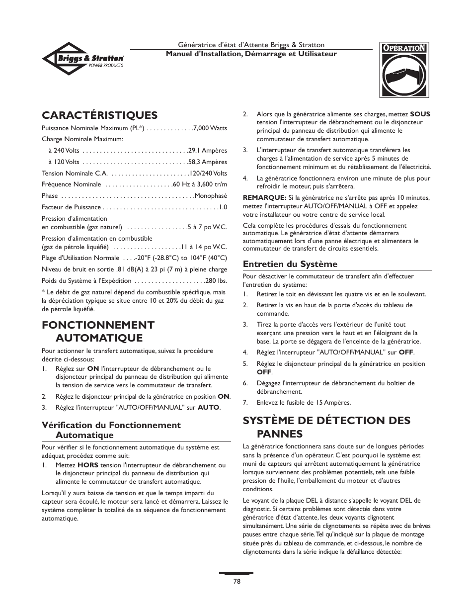 Caractéristiques, Fonctionnement automatique, Système de détection des pannes | Briggs & Stratton Generator User Manual | Page 78 / 84