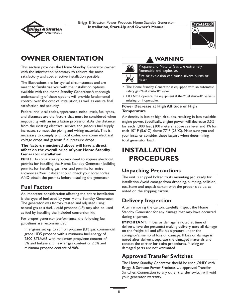 Owner orientation, Installation procedures, Fuel factors | Unpacking precautions, Delivery inspection, Approved transfer switches, Warning | Briggs & Stratton Generator User Manual | Page 8 / 84