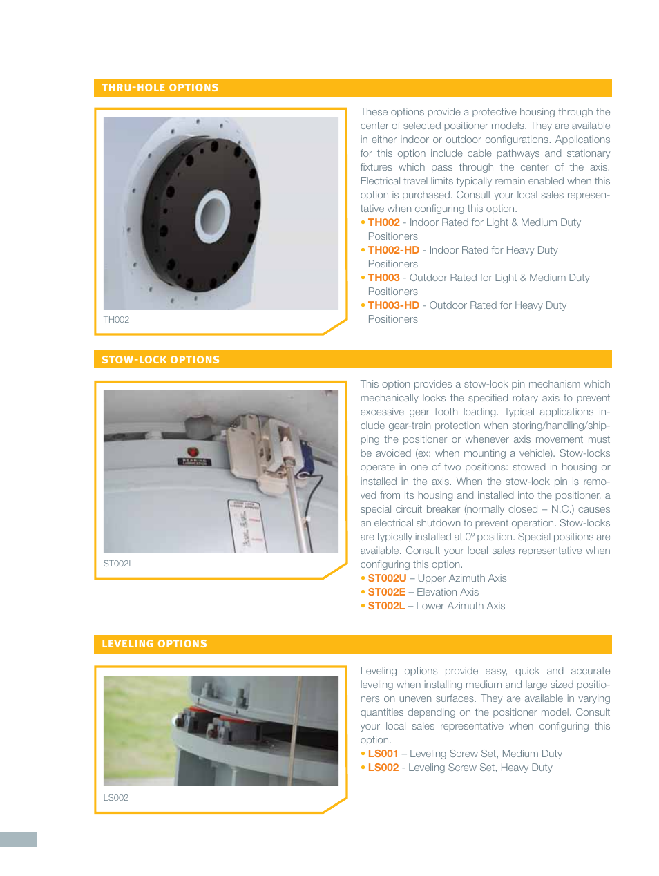 Thru-hole options, Stow-lock options leveling options | ORBIT FR Performance Series AZ, EL Positioners: Heavy Duty User Manual | Page 3 / 5