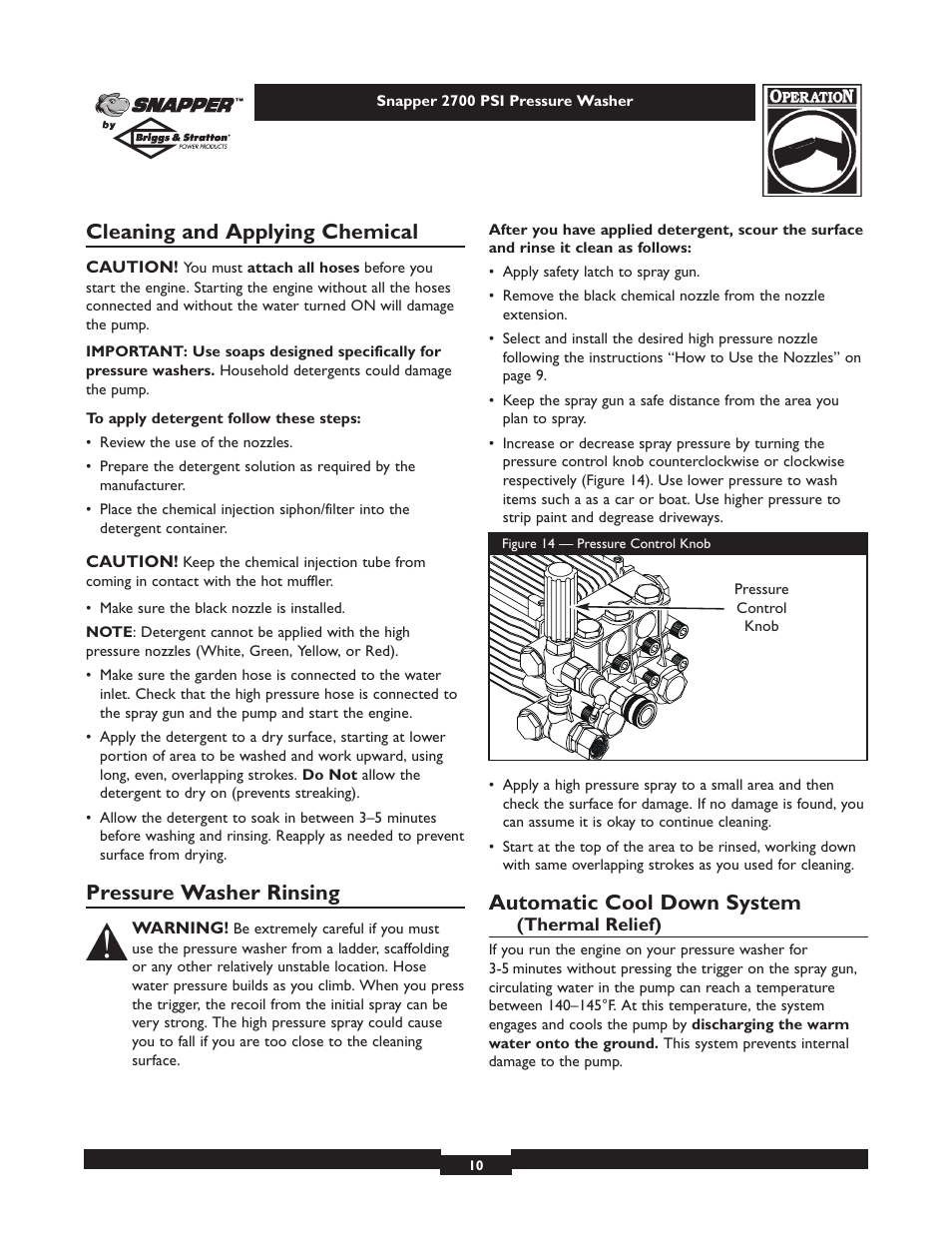 Cleaning and applying chemical, Pressure washer rinsing, Automatic cool down system | Briggs & Stratton 2700PSI User Manual | Page 10 / 24
