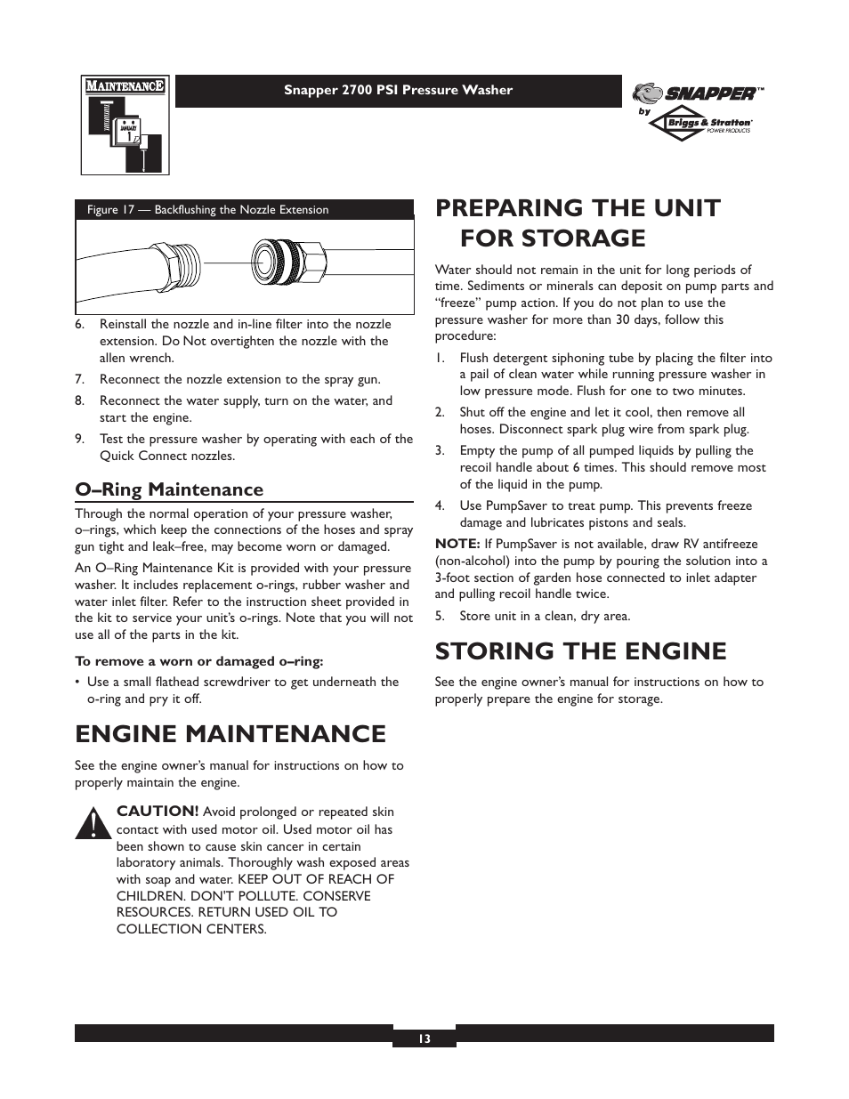 Engine maintenance, Preparing the unit for storage, Storing the engine | O–ring maintenance | Briggs & Stratton 2700PSI User Manual | Page 13 / 24