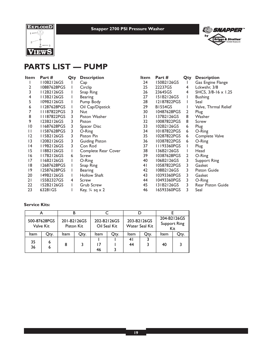 Parts list — pump | Briggs & Stratton 2700PSI User Manual | Page 19 / 24