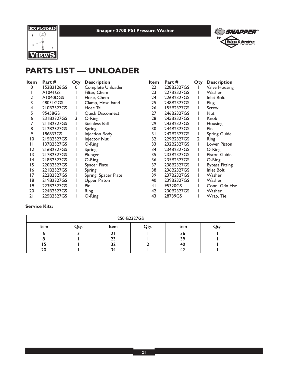 Parts list — unloader | Briggs & Stratton 2700PSI User Manual | Page 21 / 24