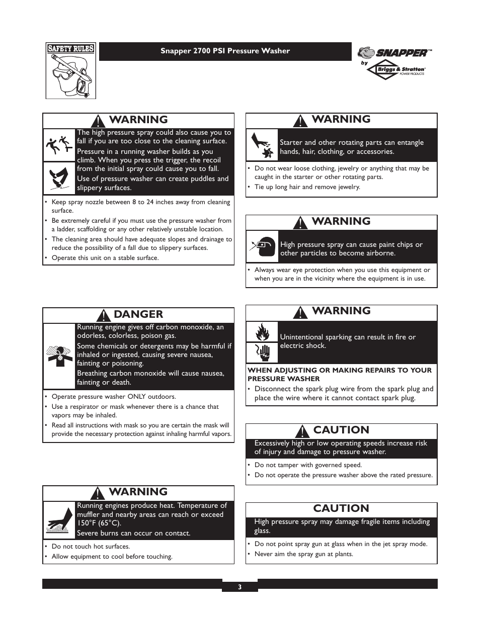 Danger, Warning, Caution | Briggs & Stratton 2700PSI User Manual | Page 3 / 24