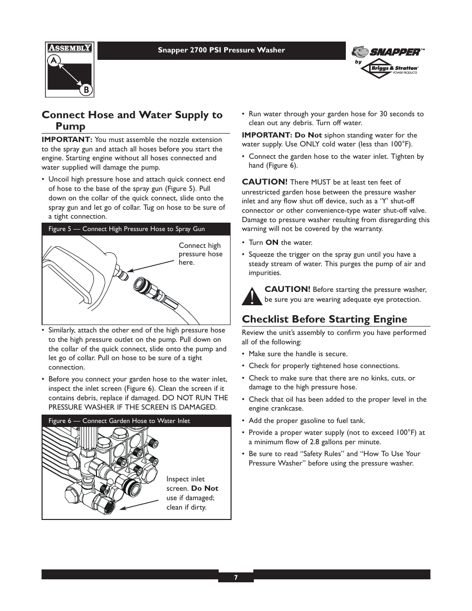 Connect hose and water supply to pump, Checklist before starting engine | Briggs & Stratton 2700PSI User Manual | Page 7 / 24