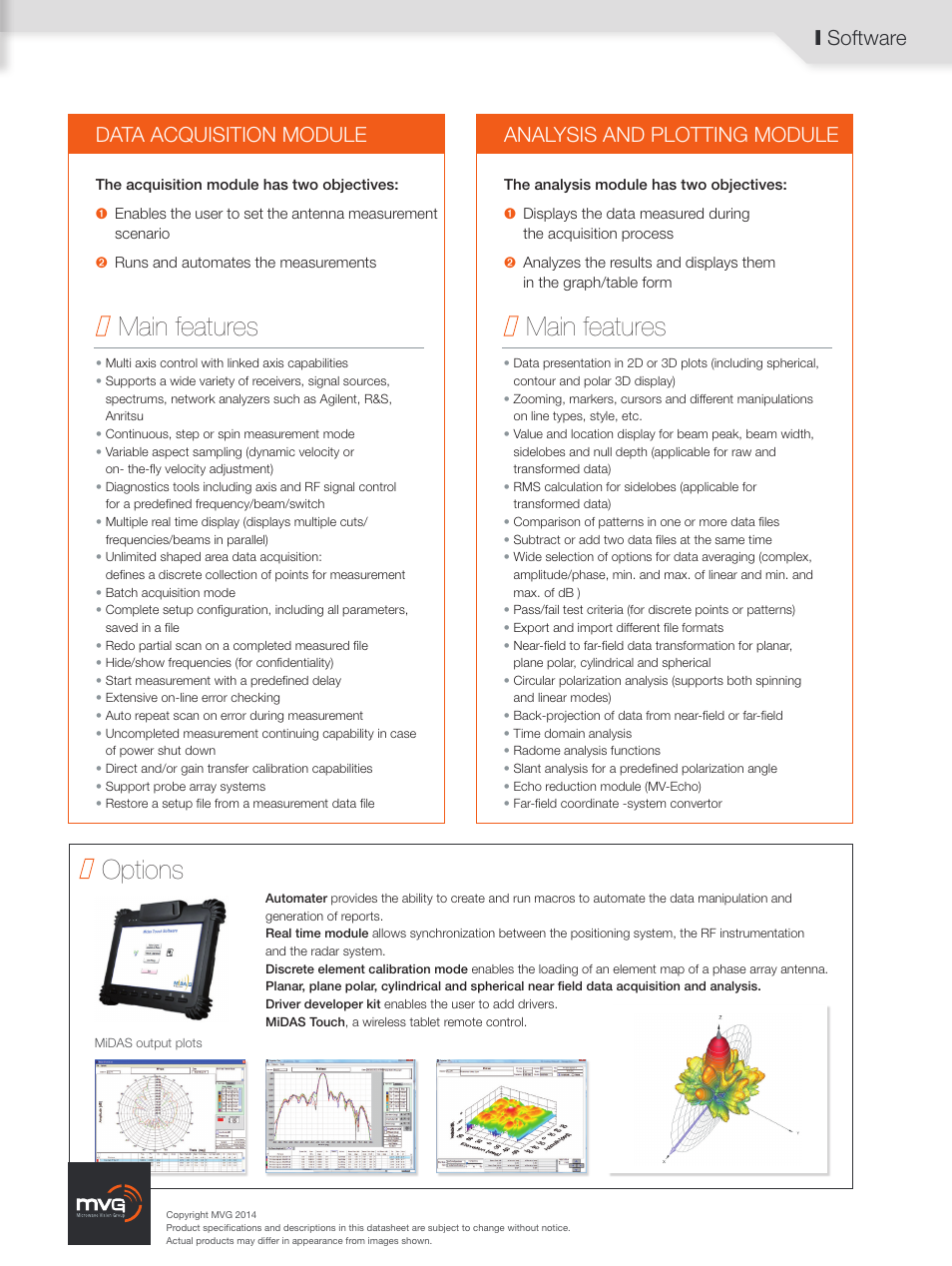 Main features, Options, I software | ORBIT FR MiDAS Measurement Suite User Manual | Page 2 / 2