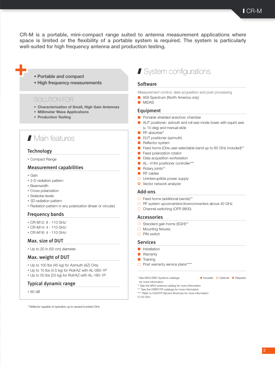 System configurations main features, Solution for, I cr-m | Technology, Measurement capabilities, Frequency bands, Max. size of dut, Max. weight of dut, Typical dynamic range, Software | ORBIT FR Mini-Compact Range System: CR-M User Manual | Page 2 / 6