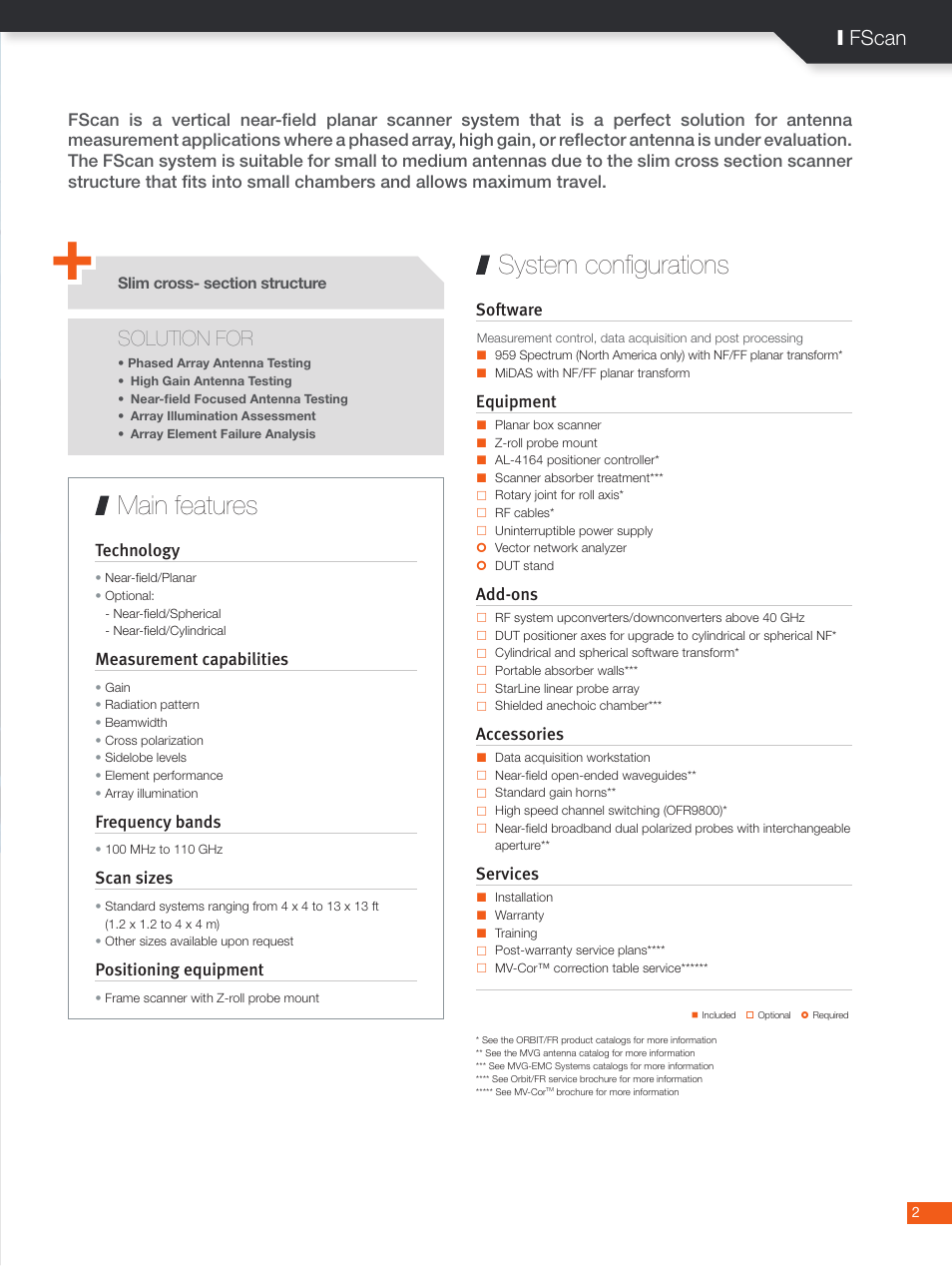 System configurations main features, Solution for, I fscan | Measurement capabilities, Frequency bands, Scan sizes, Positioning equipment, Software, Equipment, Add-ons | ORBIT FR FScan - Frame Scanners User Manual | Page 2 / 6