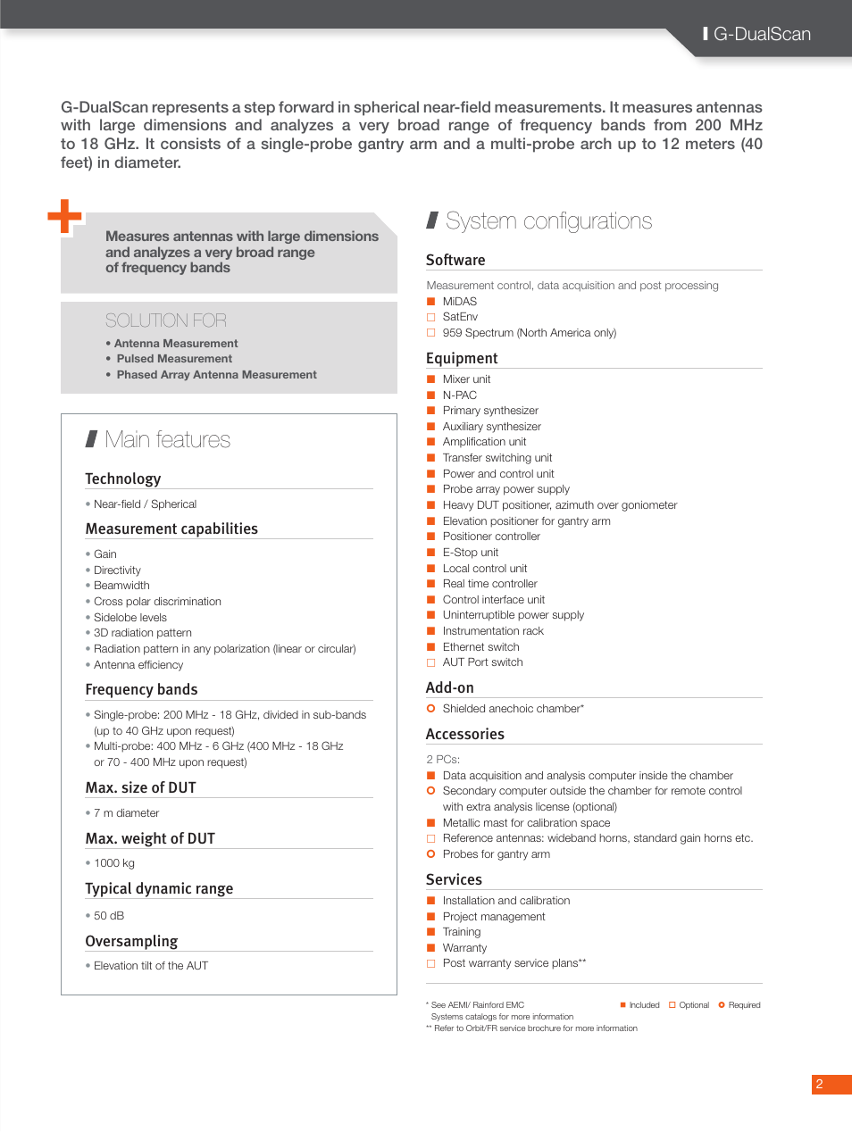 System configurations main features, Solution for, I g-dualscan | Measurement capabilities, Frequency bands, Max. size of dut, Max. weight of dut, Typical dynamic range, Oversampling, Software | ORBIT FR G-DualScan User Manual | Page 2 / 6