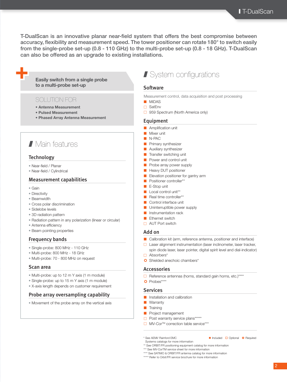 System configurations main features, Solution for, I t-dualscan | Measurement capabilities, Frequency bands, Scan area, Probe array oversampling capability, Software, Equipment, Add on | ORBIT FR T-DualScan User Manual | Page 2 / 8