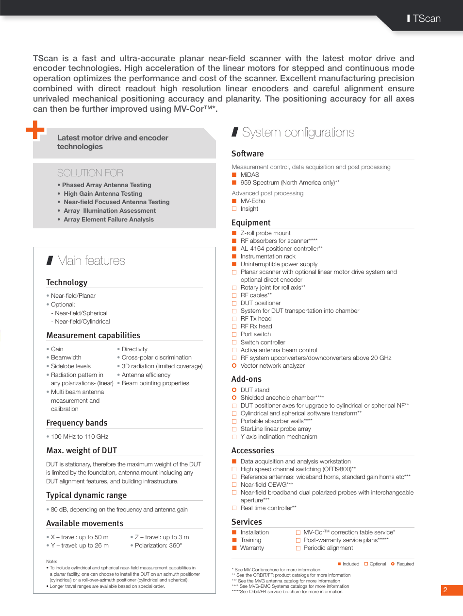 System configurations main features, Solution for, I tscan | Measurement capabilities, Frequency bands, Max. weight of dut, Typical dynamic range, Available movements, Software, Equipment | ORBIT FR TScan - Tower Scanners User Manual | Page 2 / 5