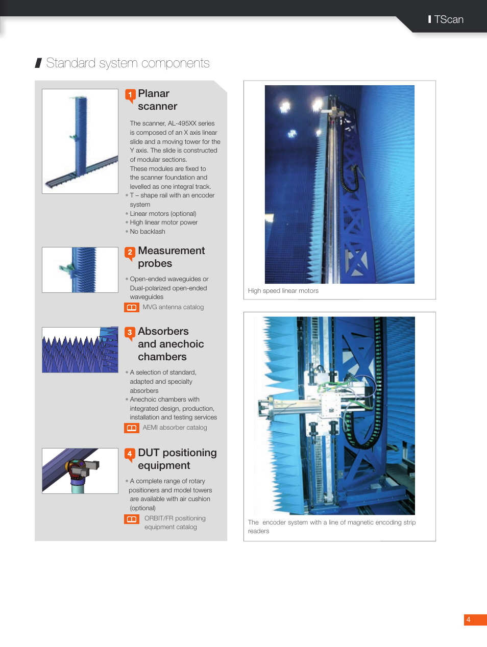 Standard system components, Planar scanner, Measurement probes | Absorbers and anechoic chambers, Dut positioning equipment, I tscan | ORBIT FR TScan - Tower Scanners User Manual | Page 4 / 5