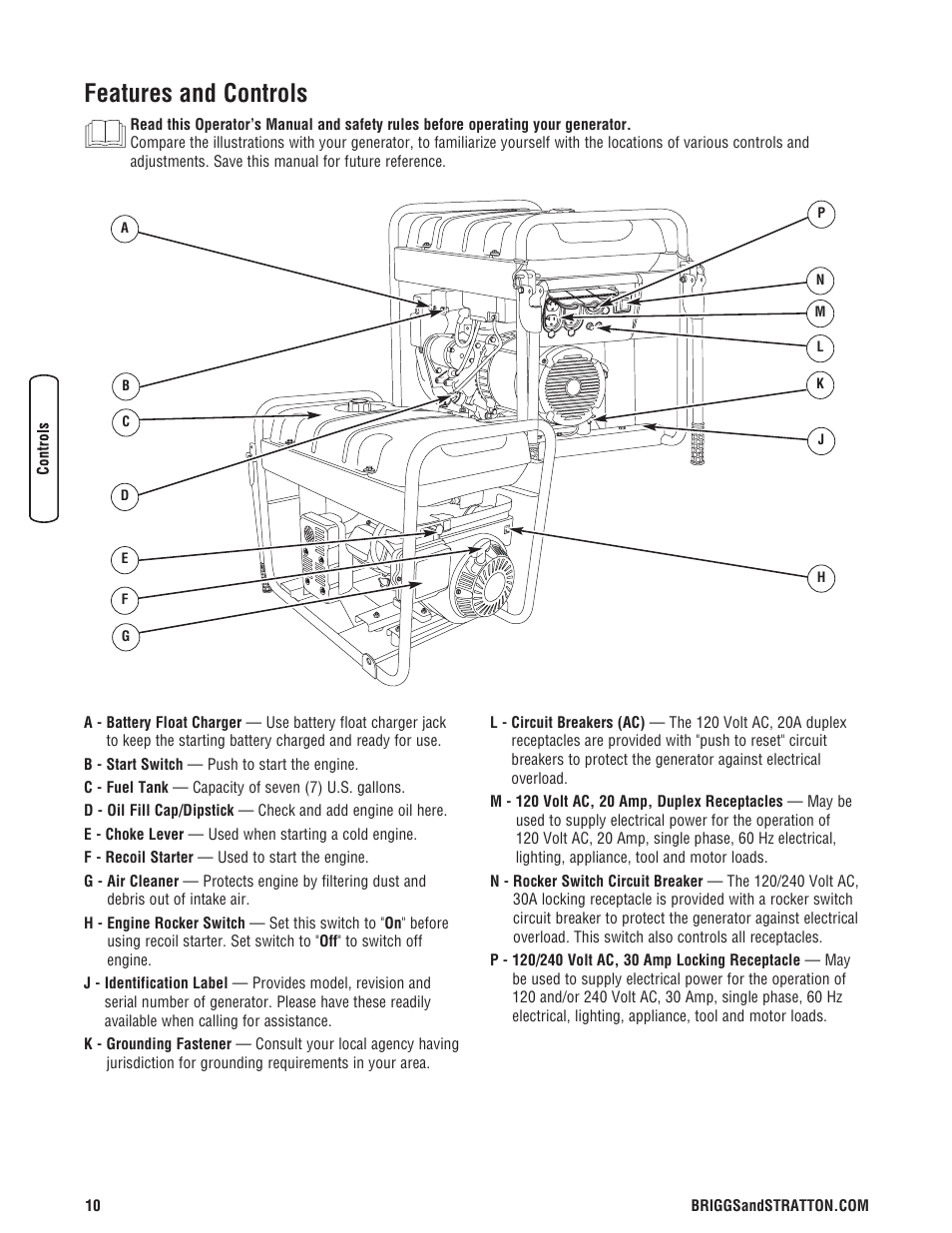 Features and controls, Tierra del sistema, Conexión al sistema eléctric | Ubicación del generador | Briggs & Stratton 206405GS User Manual | Page 10 / 52