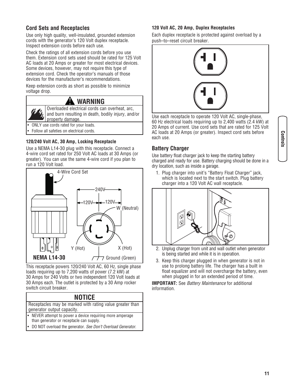 Cord sets and receptacles, Battery charger, Controles y características | Cord sets and receptacles battery charger, Notice, Warning | Briggs & Stratton 206405GS User Manual | Page 11 / 52