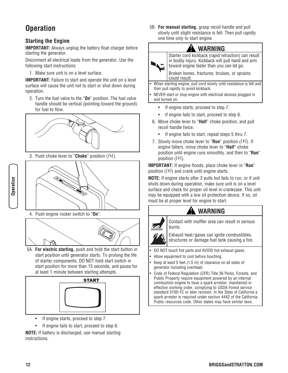 Operation, Starting the engine, Juegos de cordones y enchufe | Cargador de batería, Warning | Briggs & Stratton 206405GS User Manual | Page 12 / 52