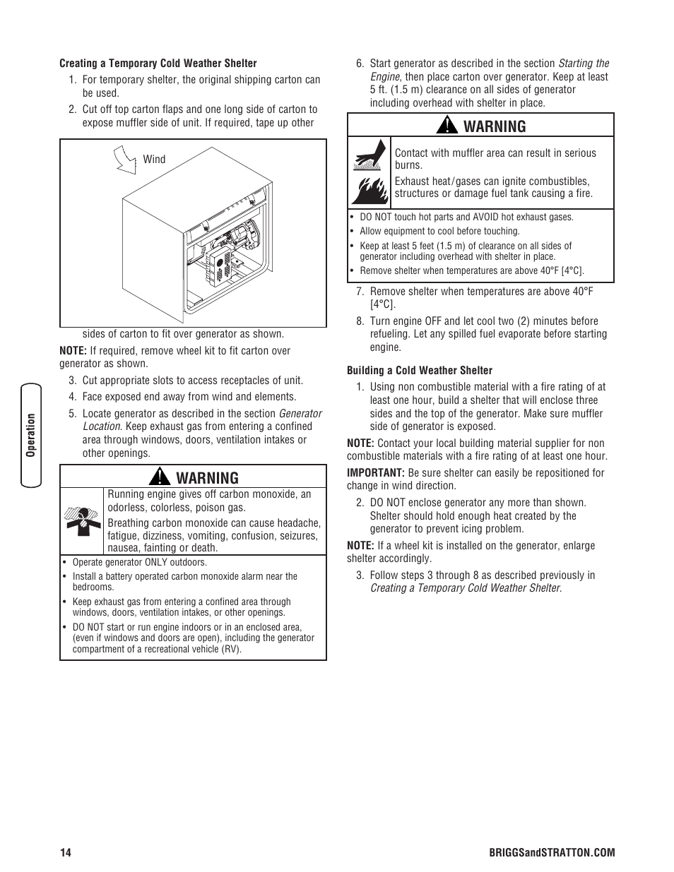 Conexión de cargas eléctricas, Parada del motor, Operación durante un clima frío | Warning | Briggs & Stratton 206405GS User Manual | Page 14 / 52