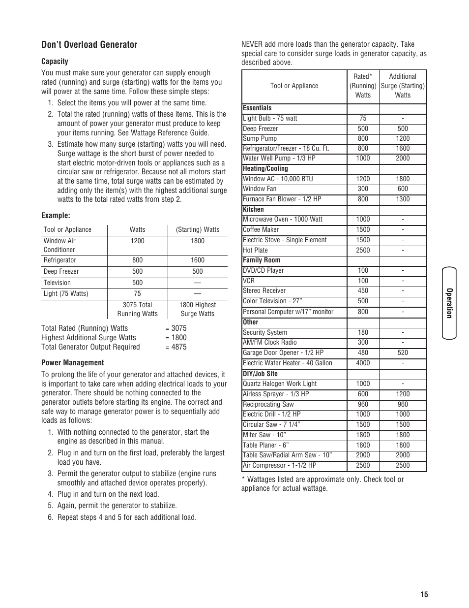 Don’t overload generator | Briggs & Stratton 206405GS User Manual | Page 15 / 52