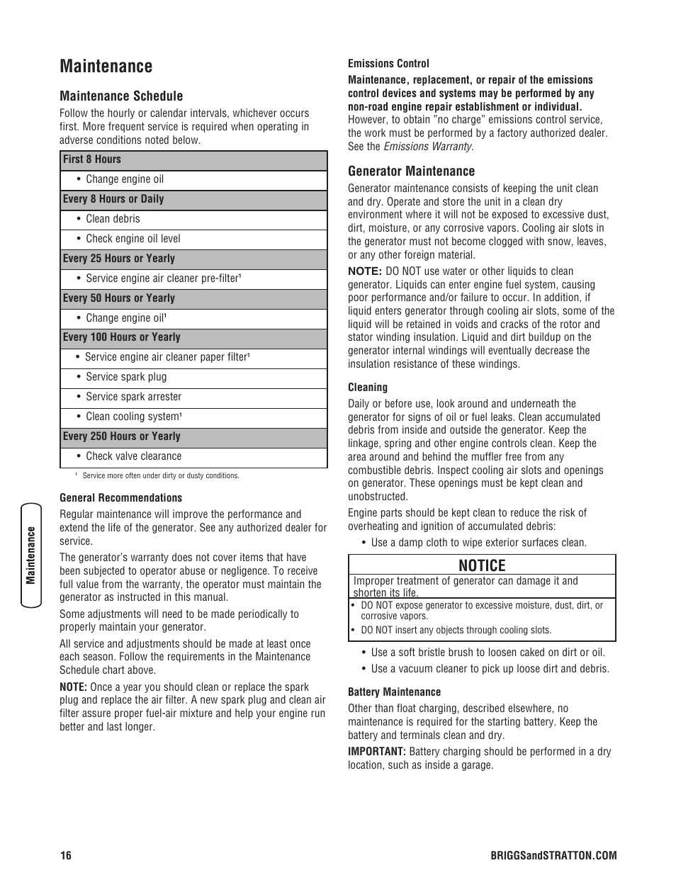 Maintenance, Maintenance schedule, Generator maintenance | No sobrecargar el generador, Maintenance schedule generator maintenance, Notice | Briggs & Stratton 206405GS User Manual | Page 16 / 52