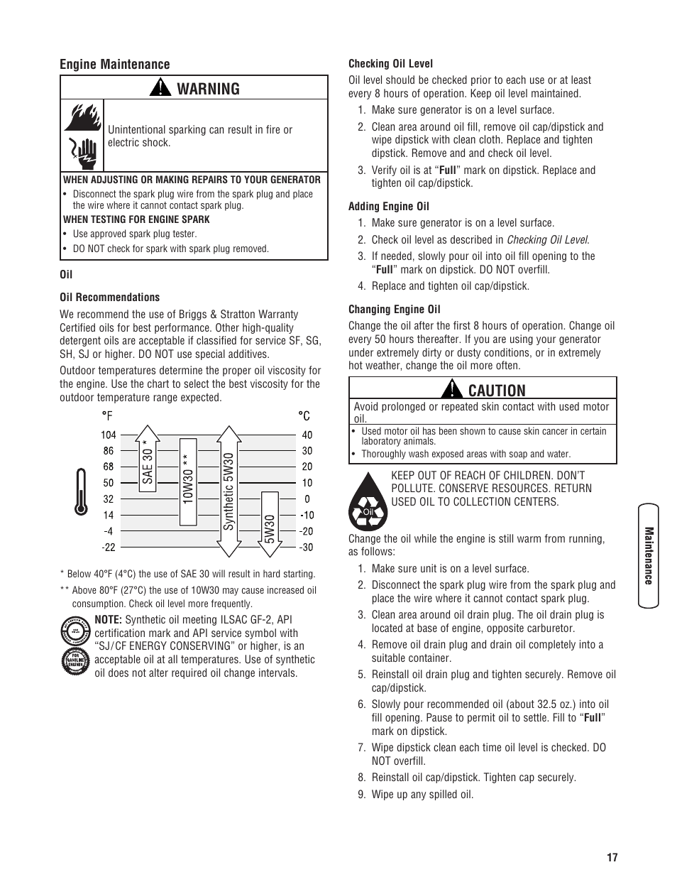 Engine maintenance, Mantenimiento, Plan de mantenimiento | Mantenimiento del generador, Warning, Caution | Briggs & Stratton 206405GS User Manual | Page 17 / 52