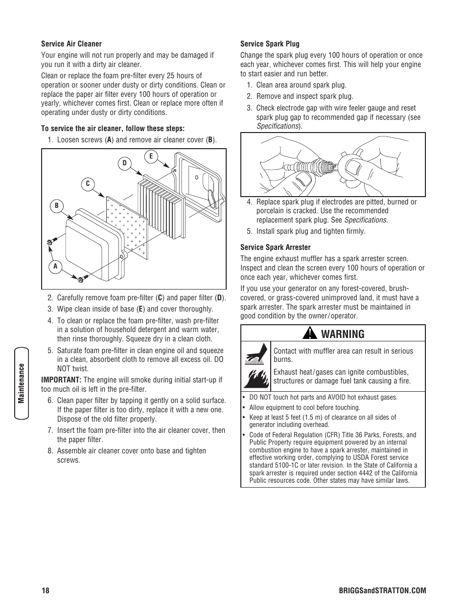 Mantenimiento del motor, Warning | Briggs & Stratton 206405GS User Manual | Page 18 / 52