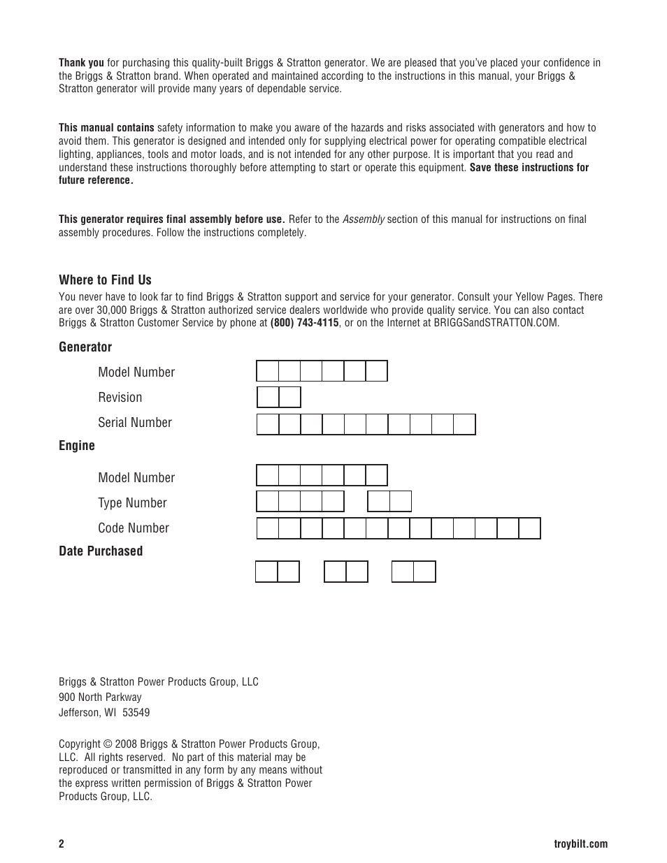 Briggs & Stratton 206405GS User Manual | Page 2 / 52