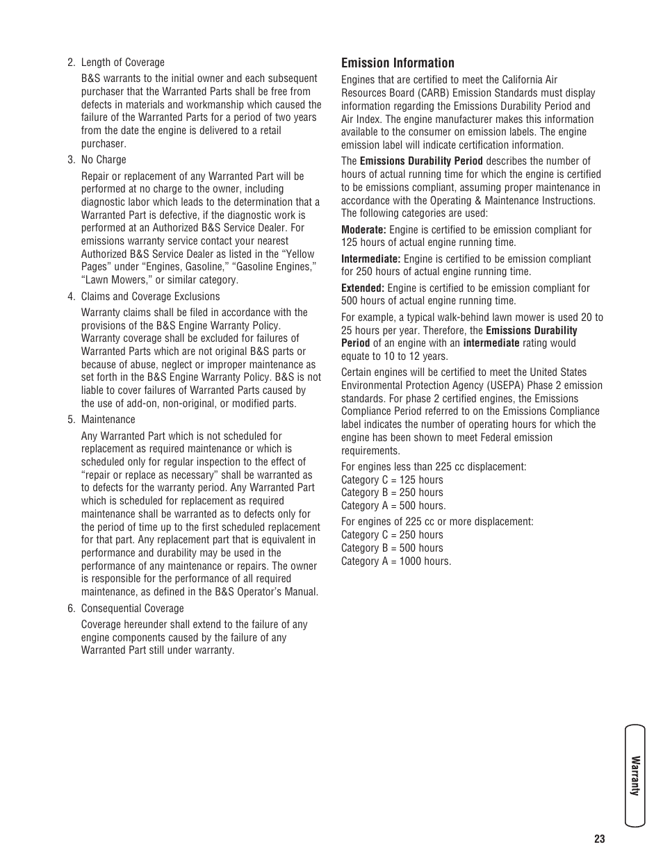 Garantías, Garantía del sistema de cont | Briggs & Stratton 206405GS User Manual | Page 23 / 52