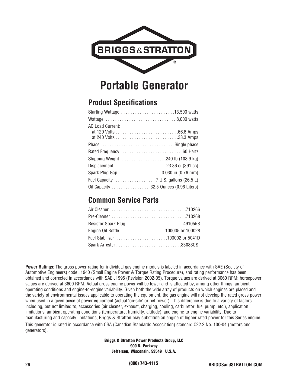 Product specifications, Common service parts, Especificaciones | Especificaciones del producto, Servicio común despide, Product specifications common service parts, Portable generator | Briggs & Stratton 206405GS User Manual | Page 26 / 52