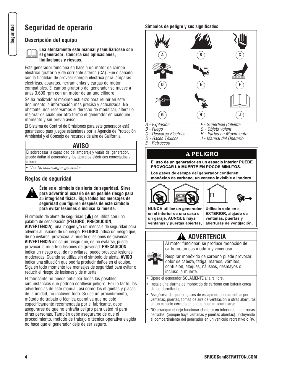 Seguridad de operario, Aviso, Advertencia | Briggs & Stratton 206405GS User Manual | Page 30 / 52