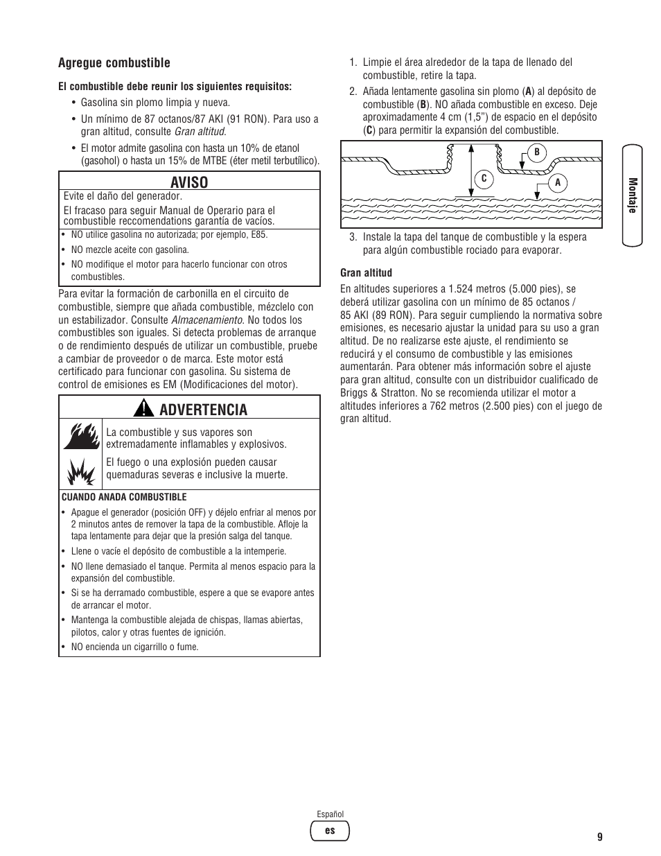 Aviso, Advertencia | Briggs & Stratton 206405GS User Manual | Page 35 / 52