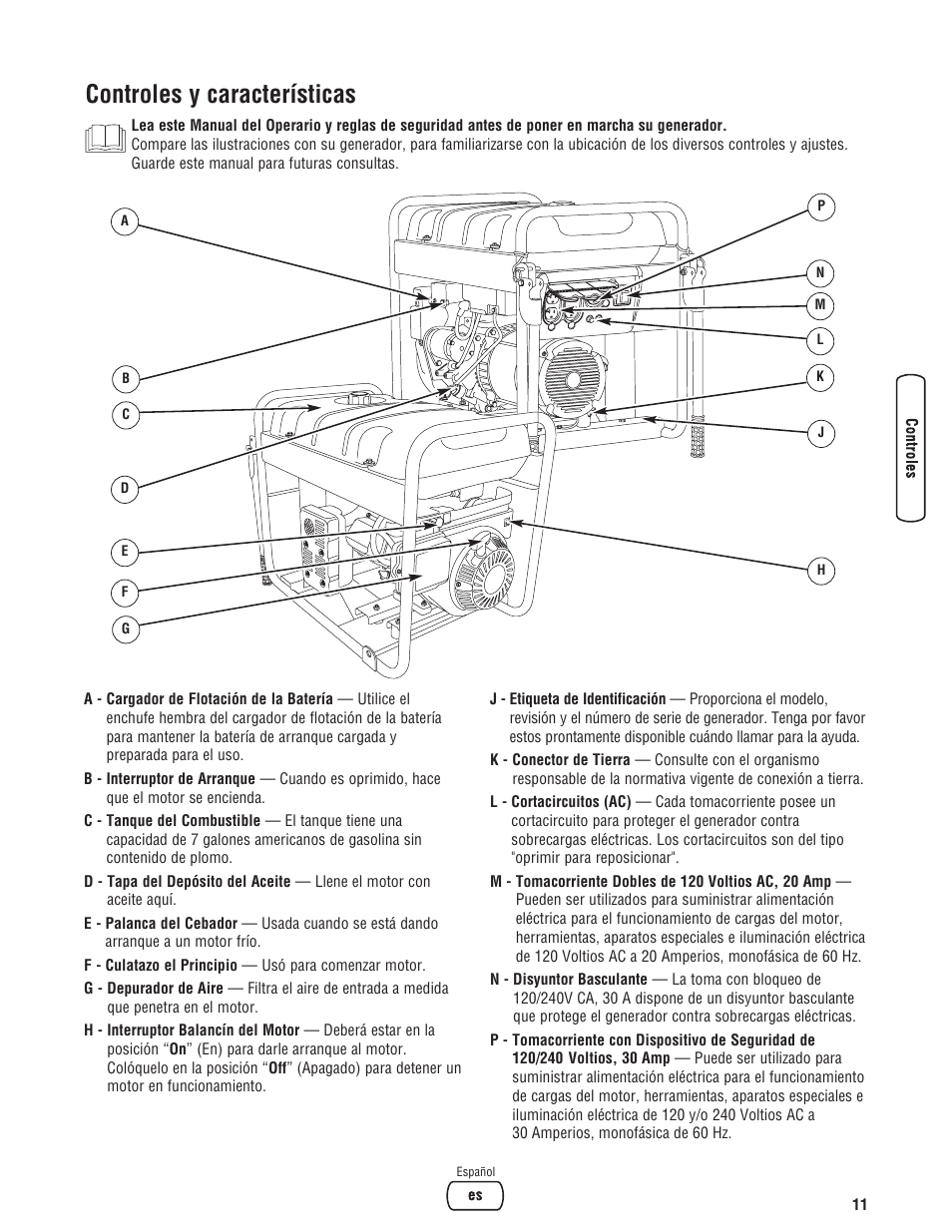 Controles y características | Briggs & Stratton 206405GS User Manual | Page 37 / 52