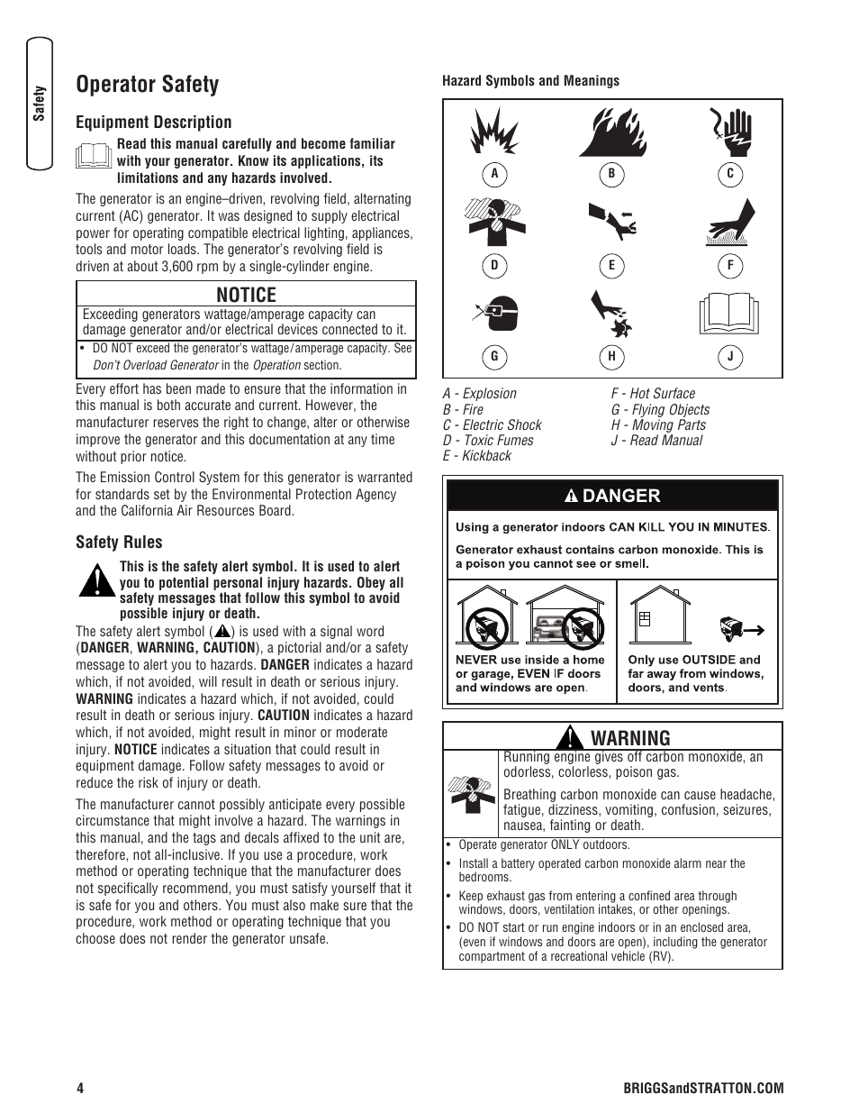 Operator safety, Equipment description, Safety rules | Seguridad de operario, Descripción del equipo, Reglas de seguridad, Equipment description safety rules, Notice, Warning | Briggs & Stratton 206405GS User Manual | Page 4 / 52