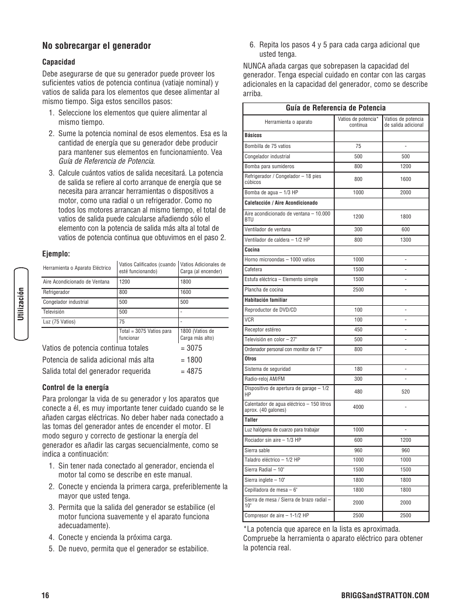 No sobrecargar el generador, Guía de referencia de potencia | Briggs & Stratton 206405GS User Manual | Page 42 / 52