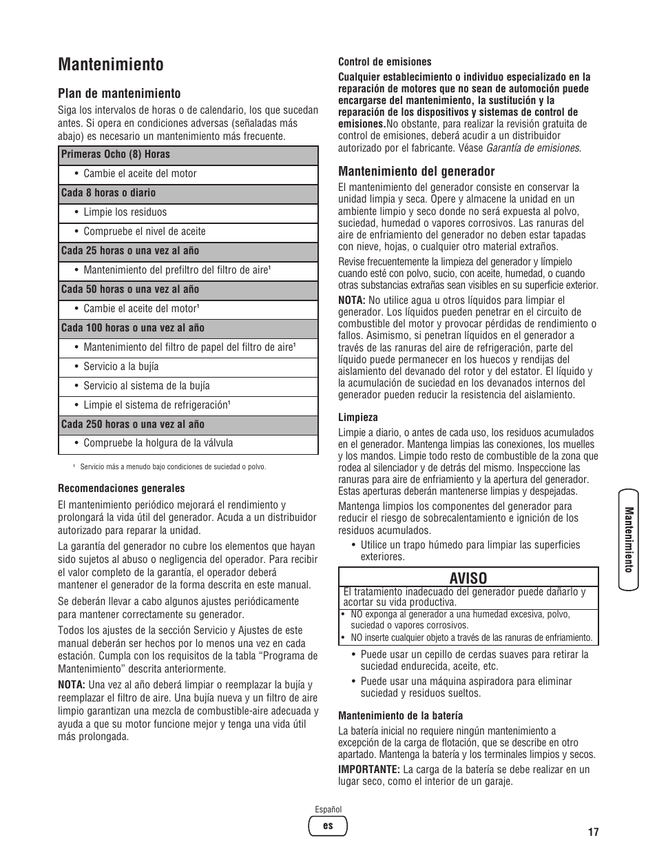 Mantenimiento, Aviso, Plan de mantenimiento | Mantenimiento del generador | Briggs & Stratton 206405GS User Manual | Page 43 / 52