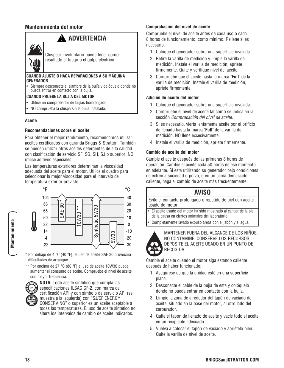 Advertencia, Aviso | Briggs & Stratton 206405GS User Manual | Page 44 / 52